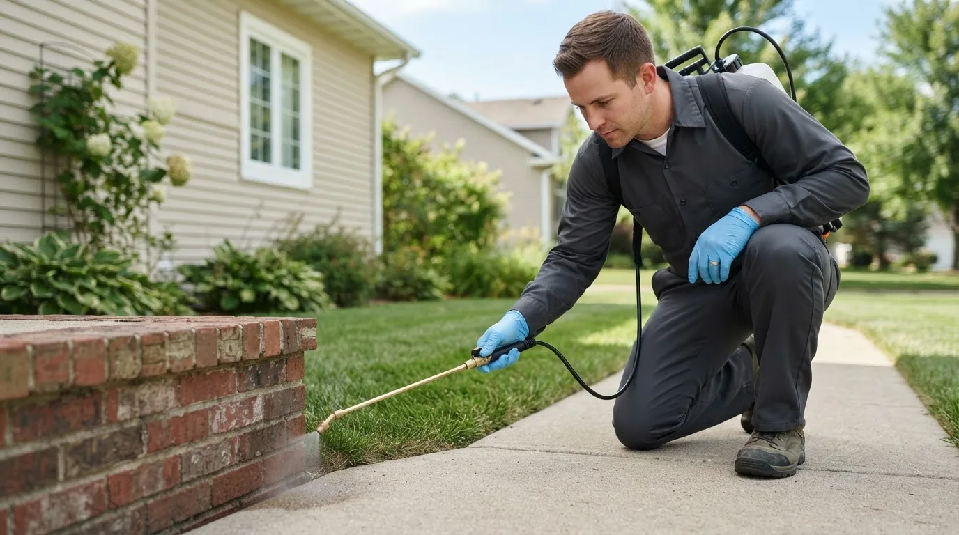 Pest control technician treating a home near Garland, NE