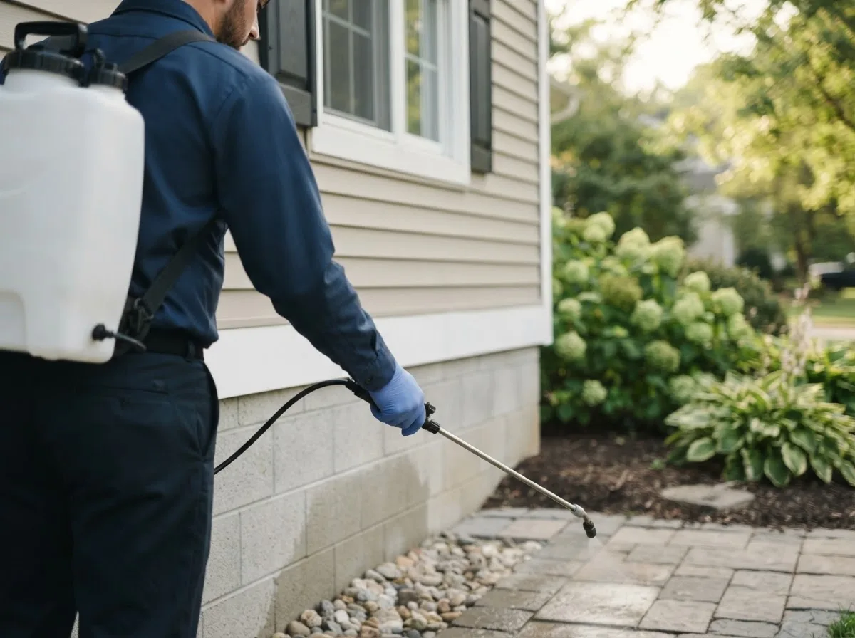 Pest control technician inspecting a home in Garland, NE